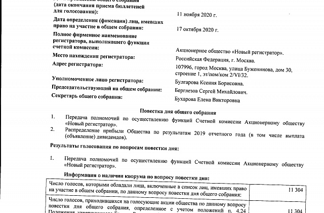 Отчет об итогах голосования на внеочередном общем собрании акционеров